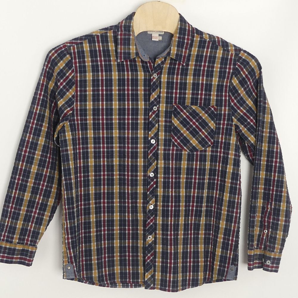 Carbon 2 Cobalt Long Sleeve Button Up Shirt Crinkle Cotton Plaid‎ Men's Large L